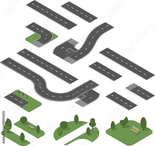 isometric, road, street, highway, intersection, curve, crosswalk, park, landscape, 3d, illustration, vector, city, urban, design, map, elements, transportation, set, collection