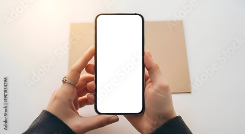 Woman Holding Smartphone with Blank Screen Above Brown Paper on White Surface