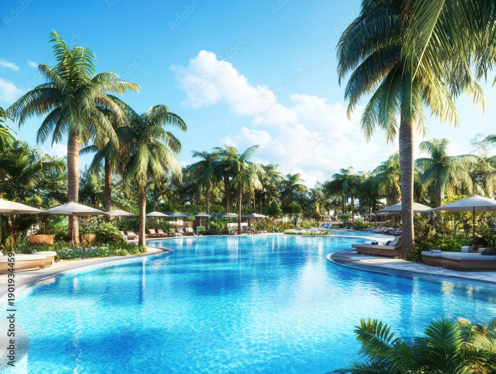 Obraz premium This resort features a sparkling blue pool surrounded by vibrant palm trees. Guests can enjoy the tranquil atmosphere, sunshine, and serene landscaping.