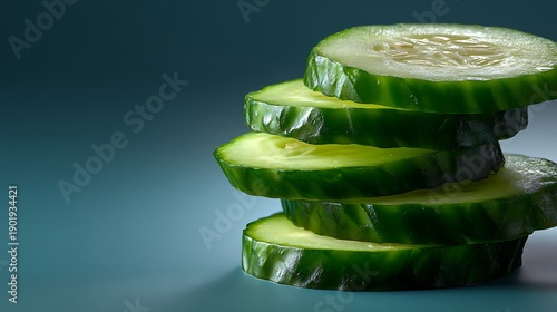 Freshly Sliced Cucumbers Stacked on a Soft Blue Background with Smooth Lighting