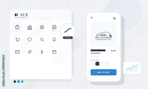 A graphic design illustration displays a set of minimalist icons alongside a smartphone interface for an e-commerce store showing a product listing and a line graph.