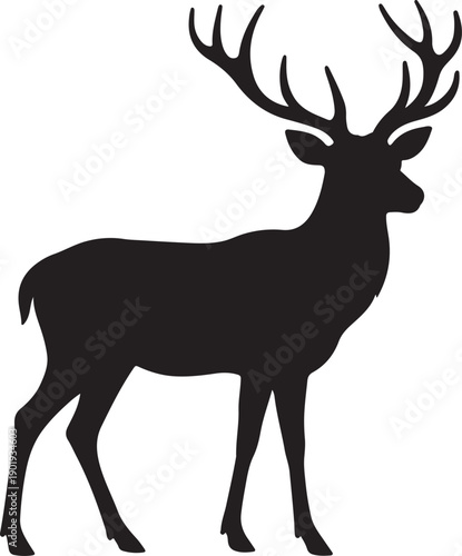 Majestic stag deer silhouette with antlers isolated on white background for forest design