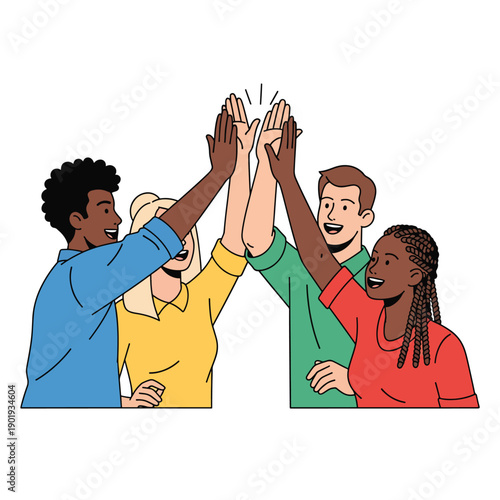 Four people high-fiving and smiling