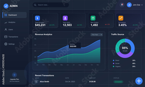 A modern dark-themed admin dashboard interface featuring data visualization charts, revenue analytics, user statistics, and recent transaction records in a clean digital layout.