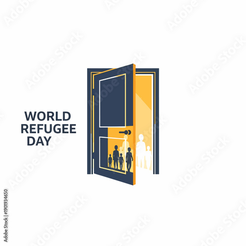 Illustration of an open door with people