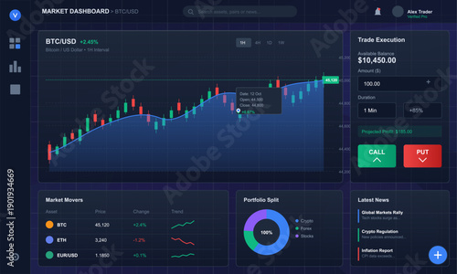 A modern financial trading dashboard interface featuring a cryptocurrency candlestick chart, trade execution controls, market movers list, and a portfolio split donut chart on a dark theme.