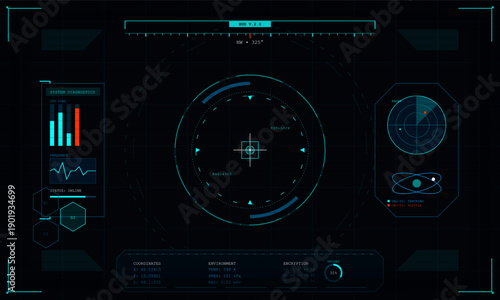 A futuristic heads-up display interface featuring a central targeting reticle, radar, system diagnostics, and environmental data on a dark digital background.