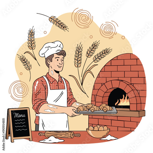 Baker preparing fresh bread in a traditional brick oven.