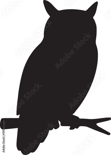 Owl silhouette perched on a branch isolated on white background for wisdom and nature