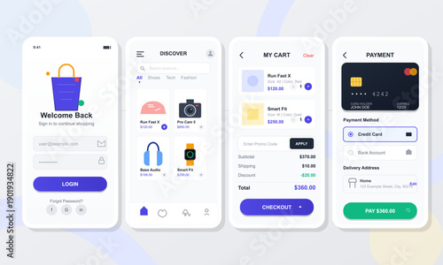 A clean mobile application user interface design for an ecommerce store featuring login, product discovery, shopping cart, and payment screens with a modern minimalist aesthetic.