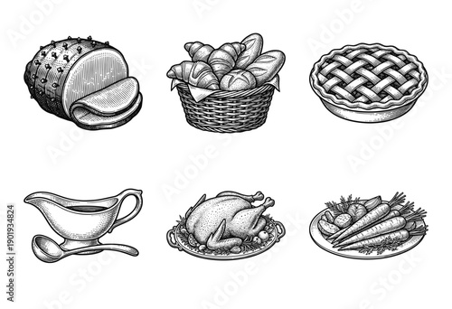 Vintage style engraving collection of traditional holiday dinner foods including roast poultry, glazed ham, bread basket, and lattice pie.