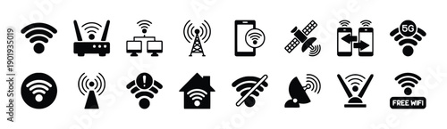Wireless and wifi signal icons including routers antennas mobile devices satellite and free wifi zones for network connection and internet access concepts
