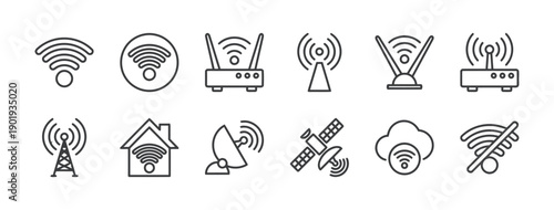 Wireless network icons set for internet connection technology wifi signal symbols router satellite dish antenna cloud web access outline vector graphics communication infrastructure equipment tech