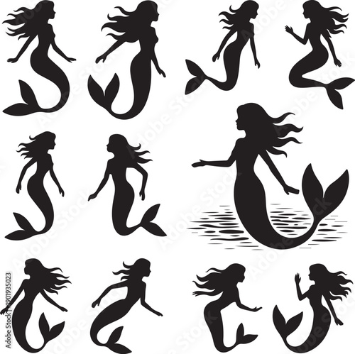set of black silhouette mermaid poses on white background
