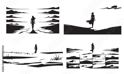 Woman walking through diverse landscapes collection showing solitary female figures in minimalist natural environments and abstract terrain backgrounds