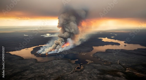 Wallpaper Mural Aerial View of Wildfire Smoke Plume Over Landscape at Sunset. Torontodigital.ca