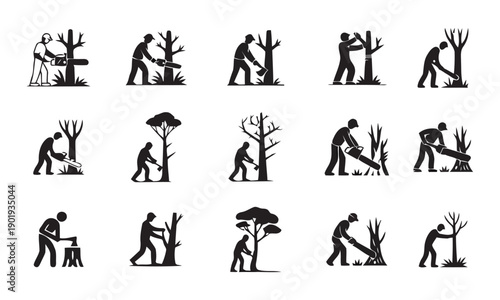 Woodcutter icons showing lumberjack characters using chainsaws and axes to fell trees illustrating forestry logging work and outdoor manual labor in a series of clear silhouette graphics