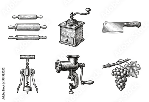 Collection of vintage kitchen tools and food items in a detailed black and white woodcut engraving style.