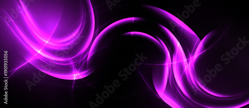 Abstract purple waves, luminous swirls, dark background. Bright energy radiates, creating dynamic visual effect. Smooth curves dominate composition.