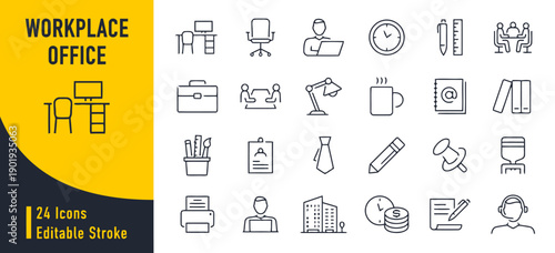 Workplace office icons set representing office environment equipment and professional work editable stroke vector