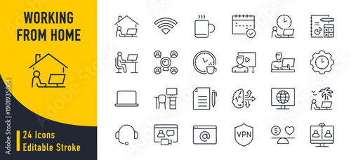 Working from home icons set editable stroke, symbolizing remote work, freelancing, online collaboration, home office setup, productivity tools, time management, and digital communication