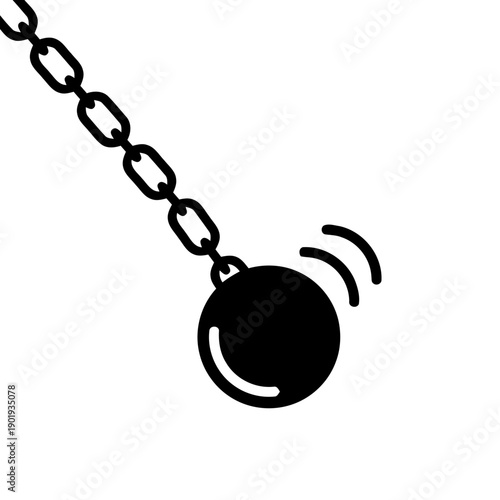 Wrecking ball swinging on a chain, symbolizing destruction, demolition, construction, power, and impact, a simple black and white vector illustration for various themes.