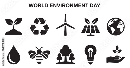 World environment day icons symbolizing conservation and sustainability like plant recycle symbol wind turbine solar panel earth and water drop illustrations.