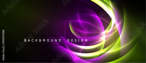 Abstract design features vibrant curves, gradients. Purple, green, yellow hues create dynamic visual effect. Text reads background design.