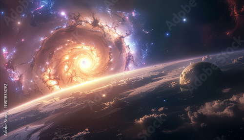 Bright lights of a distant galaxy shine in space. A nearby planet is surrounded by clouds and stars. The vastness of space shows many celestial objects.