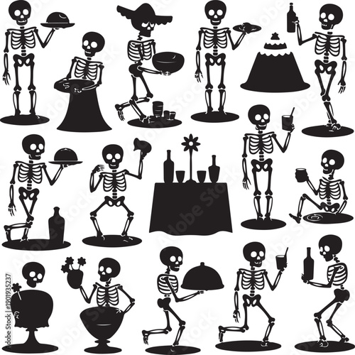 Black silhouettes of skeletons with food and drinks on white background