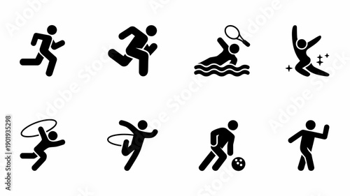 Athletic Activity Icons: A dynamic collection of simple, stylized icons representing various athletic pursuits, capturing the essence of movement and sporting endeavor. 