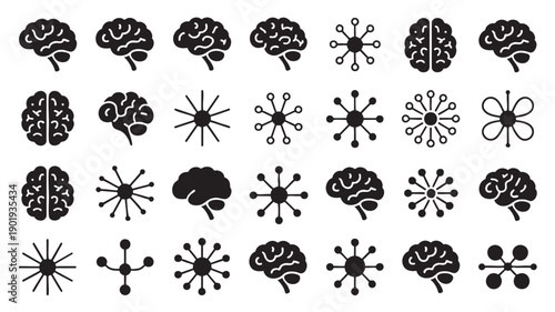 Black Brain and Neuron Icons on White Background