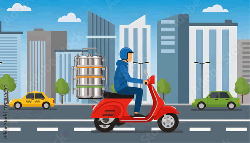 The flat vector illustration is a classic steel lunchbox, which is delivered by a courier on a scooter along a modern city street.