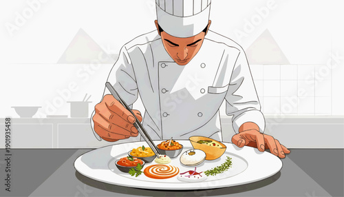 Flat vector illustration - A male chef carefully designs artistic dishes in a professional kitchen