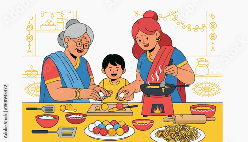 Flat vector illustration - Grandmother, mother and child happily cooking traditional sweets in a colorful kitchen