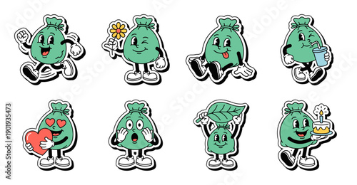 Retro Cartoon Money Bag Sticker Set, Vector Character Illustrations