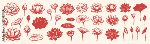 Lotus flower collection features blooming petals, buds, and water lily pads in a red vintage doodle style.