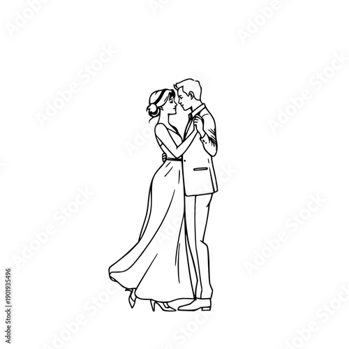 Elegant Minimal Black Line Drawing of a Married Couple Dancing Gracefully, Perfect for Wedding Invitations or Romantic Decor on a Clean White Background