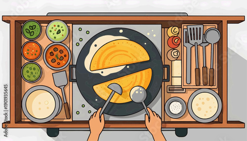 Flat vector illustration of a man cooking an omelet on a grill using fresh ingredients and kitchen utensils