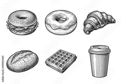 Vintage hand drawn sketch collection of breakfast bakery items including bagel sandwich donut croissant bread waffle and coffee cup