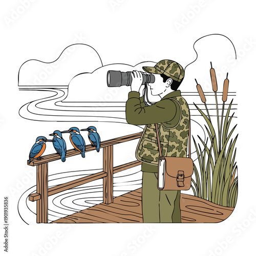 Birdwatcher observing kingfishers with a telephoto lens.