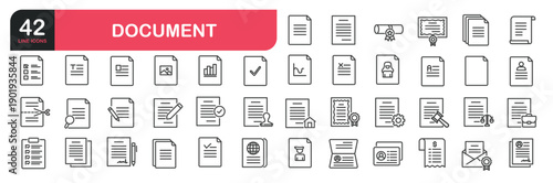Set of line icons related to documents, lists, folders, contracts, paper, tables, analytics, questionnaire, certificate and more. Outline icons collection. Editable stroke. Vector illustration