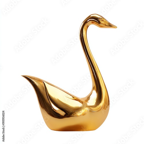 Elegant golden swan figurine on white isolated background.