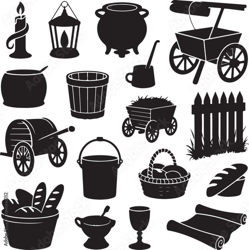 black silhouettes of various household and garden items on white background