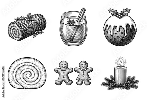 Set of hand drawn Christmas treats and holiday symbols in vintage woodcut engraving style including yule log pudding gingerbread and spiced drink.