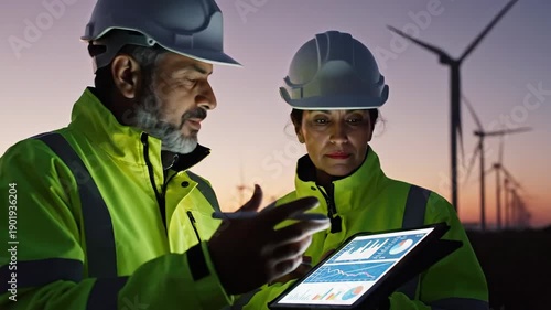 Dedicated engineers review performance data on a glowing tablet screen, standing near wind turbines at dusk. Illustrates sustainable energy management and professional teamwork.