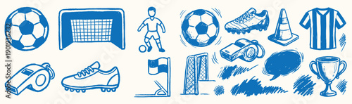 Soccer sports collection features balls, goals, and trophies in a blue athletic doodle style.