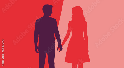 Silhouette vector illustration of a couple together in a romantic moment holding hands while walking and dancing