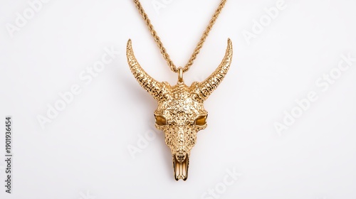 Golden skull pendant on a chain, white isolated background.