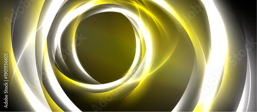Abstract golden swirls create dynamic circular pattern. Bright highlights contrast dark background, evoking energy, motion.